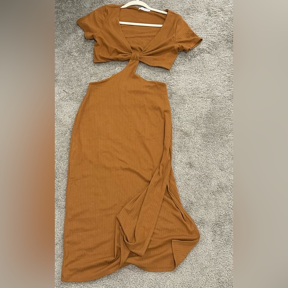 12th Tribe Cut Out Ribbed Midi Dress in Brown - Picture 2 of 4